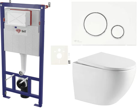 Viseći WC set SAT Fusion s vrtložnim ispiranjem, vodokotlićem i tipkom za ispiranje modernog dizajna.