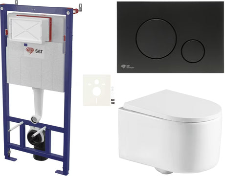 Viseći WC set SAT Tornado s vrtložnim ispiranjem, modulom, vodokotlićem, crnim mat tipkalom i sjedalom soft Close.