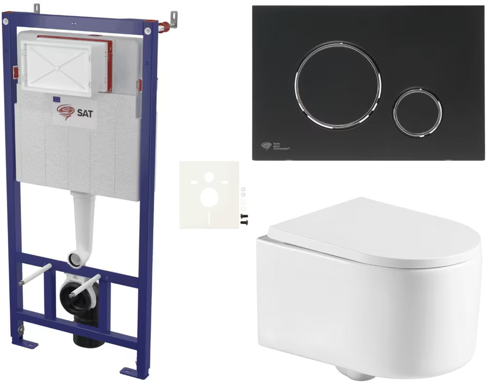 Viseći WC set SAT Tornado s vrtložnim ispiranjem i crnim mat tipkalom za ispiranje