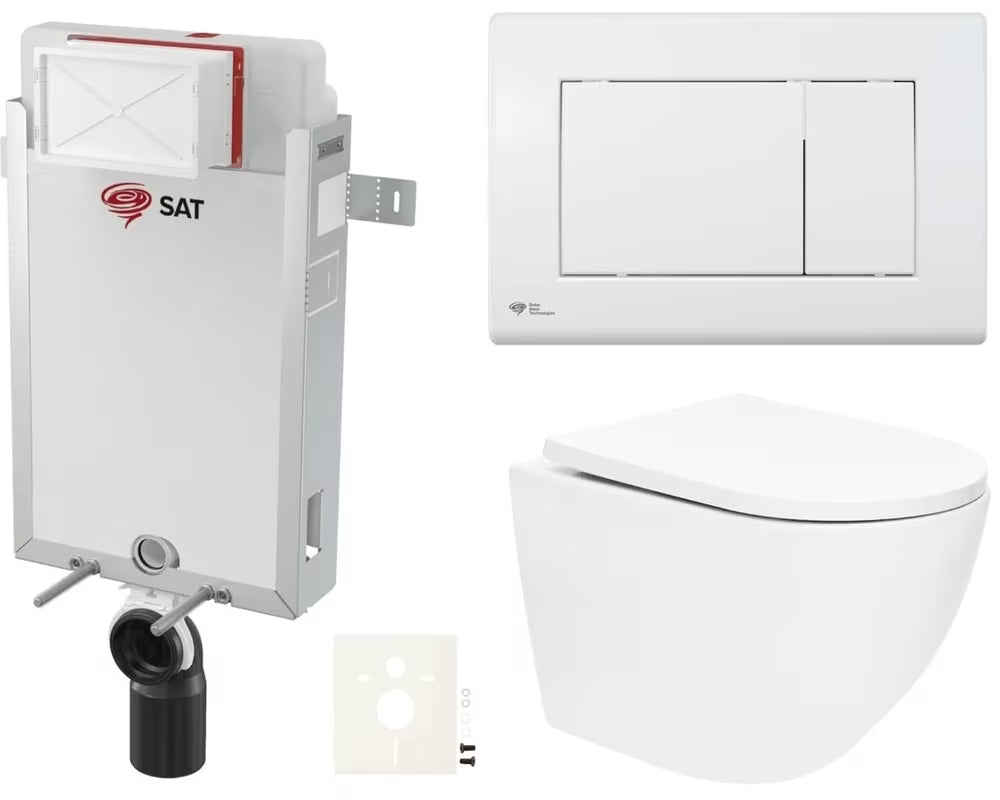 Viseći WC set SAT Fusion s ugradbenim modulom, vodokotlićem, bijelom tipkom za ispiranje i daskom