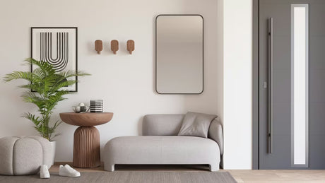 Pravokutno kupaonsko ogledalo SAT 60x80 cm s crnim aluminijskim okvirom, prikladno za okomitu i vodoravnu montažu.