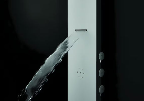 Bijeli tuš panel SIKO Alushower s 4 funkcije, uključujući nadglavni i ručni tuševi, vodopad i masažne mlaznice.
