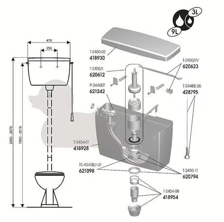 Plastični vodokotlić za WC pro za visoku montažu s poteznim ispiranjem