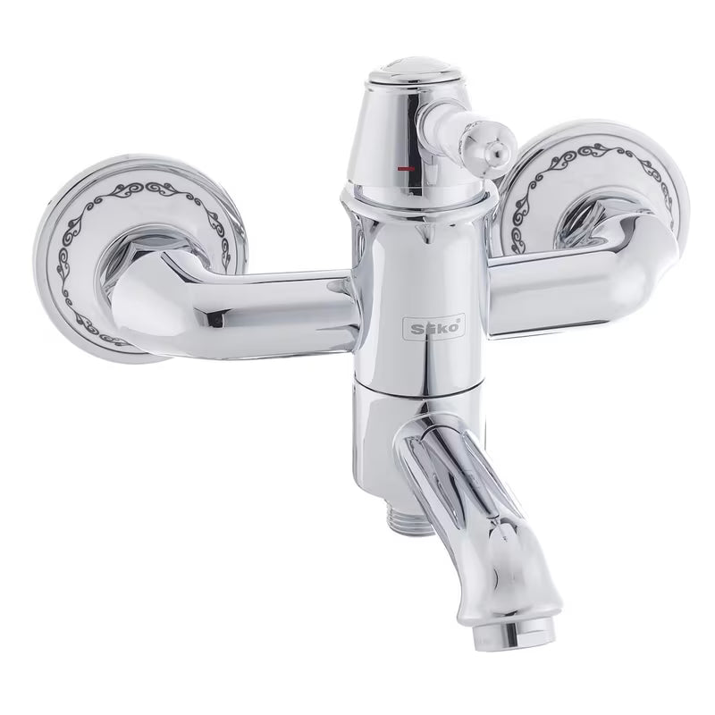 Kromirana jednoručna baterija zidna miješalica za kadu SIKO Provence u retro dizajnu s preklopnikom skrivenim u izljevu.