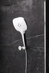 Bijeli ručni tuš SIKO s kromiranim detaljima, promjera 12 cm, s 3 mlaza i tipkom pro za prebacivanje.