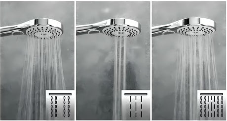 Kromirana ručna tuš slušalica SIKO zaobljenog dizajna, promjera 115 mm, s prebacivanjem između 3 mlaza tipkom.