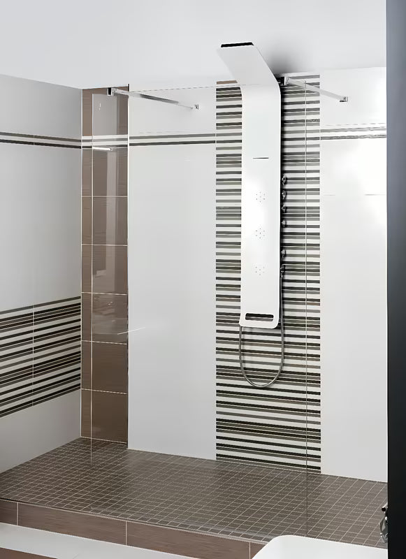 Bijeli tuš panel SIKO Alushower s 4 funkcije, uključujući nadglavni i ručni tuševi, vodopad i masažne mlaznice.