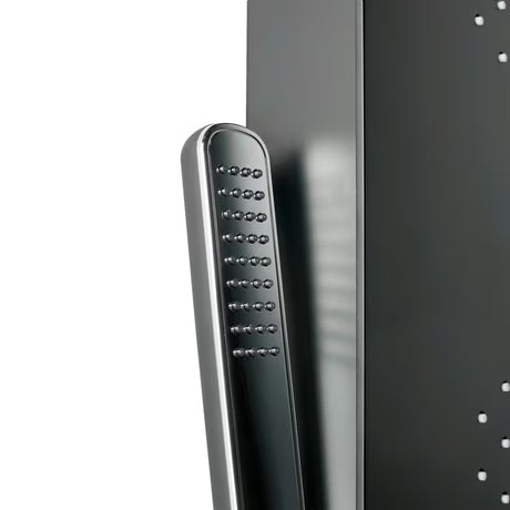 Crni tuš panel SIKO s 4 funkcije, uključujući nadglavni i ručni tuševi, slap i masažne mlaznice.