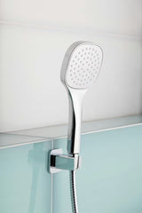 Kromirani set za kadu SIKO s ručnim tušem, mjedenim držačem i metalnim crijevom 150 cm, zaobljenog dizajna.