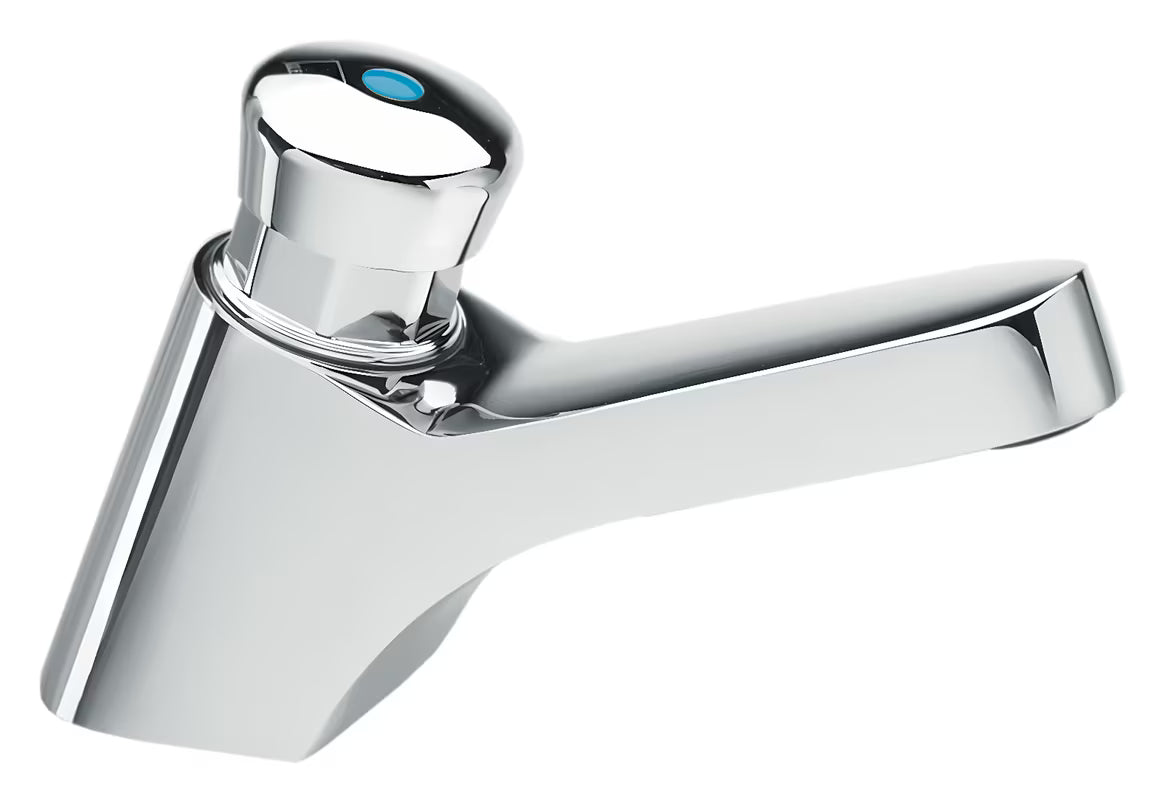 Samozatvarajuća stojeća ventil za umivaonik Silfra Quik u izvedbi chrome s vremenskim zatvaračem.
