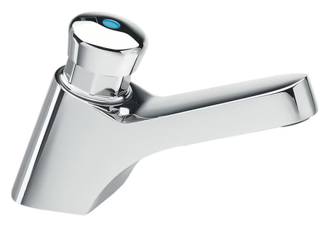 Samozatvarajuća stojeća ventil za umivaonik Silfra Quik u izvedbi chrome s vremenskim zatvaračem.