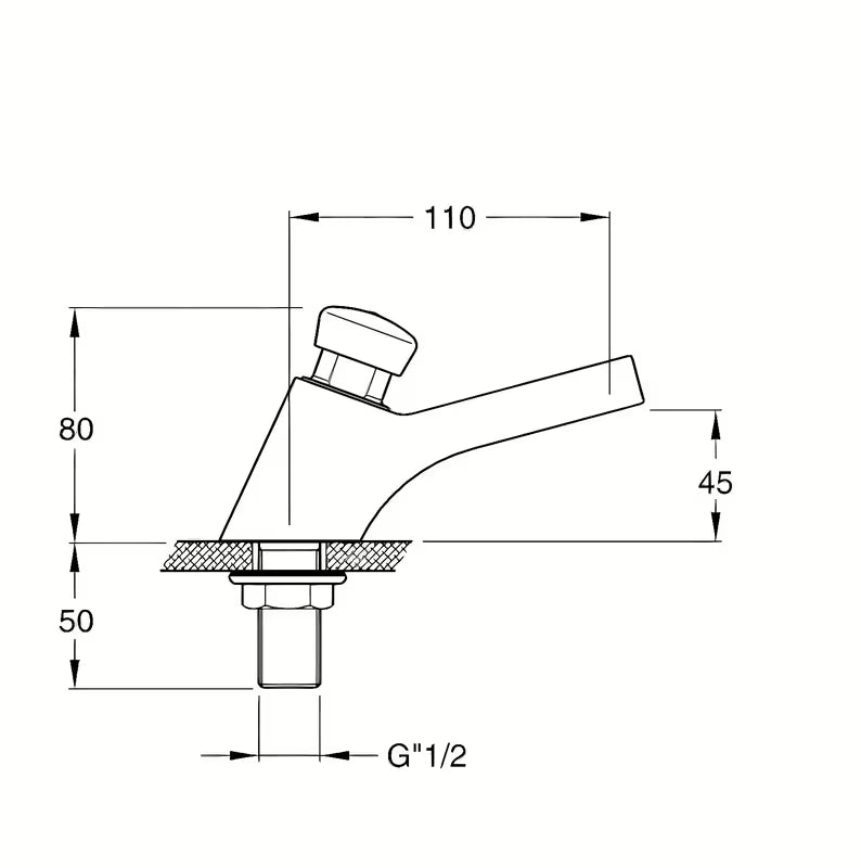 Samozatvarajuća stojeća ventil za umivaonik Silfra Quik u izvedbi chrome s vremenskim zatvaračem.