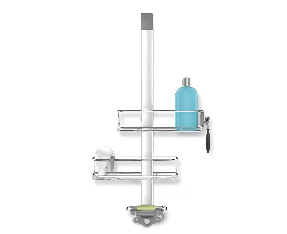 Tuš polica Simplehuman Shower caddy od nehrđajućih materijala s pomičnim policama i vakuumskim čašicama pro za stabilno pričvršćivanje.