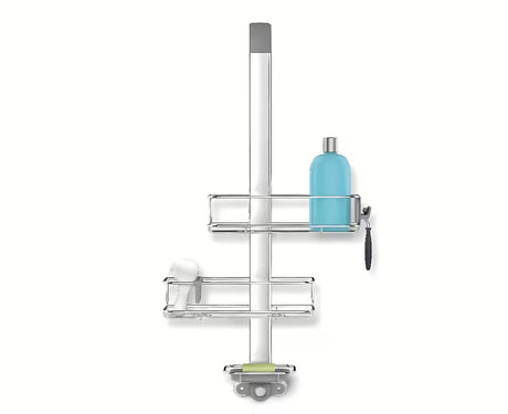 Tuš polica Simplehuman Shower caddy od nehrđajućih materijala s pomičnim policama i vakuumskim čašicama pro za stabilno pričvršćivanje.