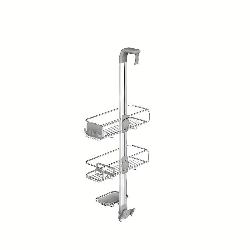 Tuš polica Simplehuman Shower caddy od nehrđajućih materijala s pomičnim policama i vakuumskim čašicama pro za stabilno pričvršćivanje.