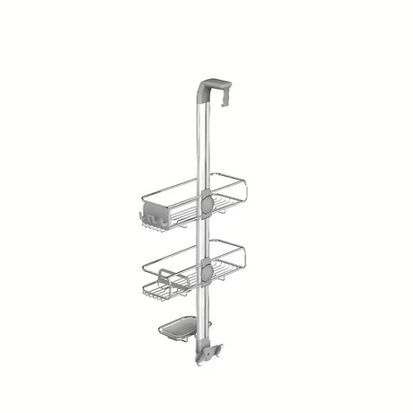 Tuš polica Simplehuman Shower caddy od nehrđajućih materijala s pomičnim policama i vakuumskim čašicama pro za stabilno pričvršćivanje.