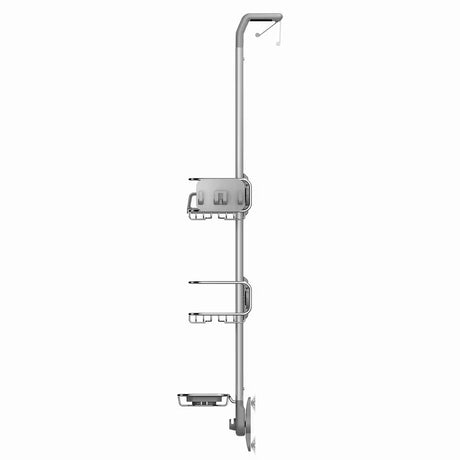 Tuš polica Simplehuman Shower caddy od nehrđajućih materijala s pomičnim policama i vakuumskim čašicama pro za stabilno pričvršćivanje.
