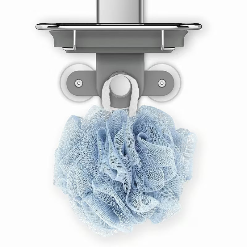 Tuš polica Simplehuman Shower caddy od nehrđajućih materijala s pomičnim policama i vakuumskim čašicama pro za stabilno pričvršćivanje.