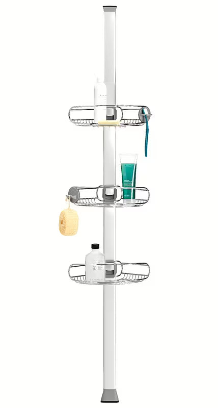 Podesiva tuš šipka Simplehuman Shower caddy sa žičanim policama za kutnu ugradnju od nehrđajućeg čelika.