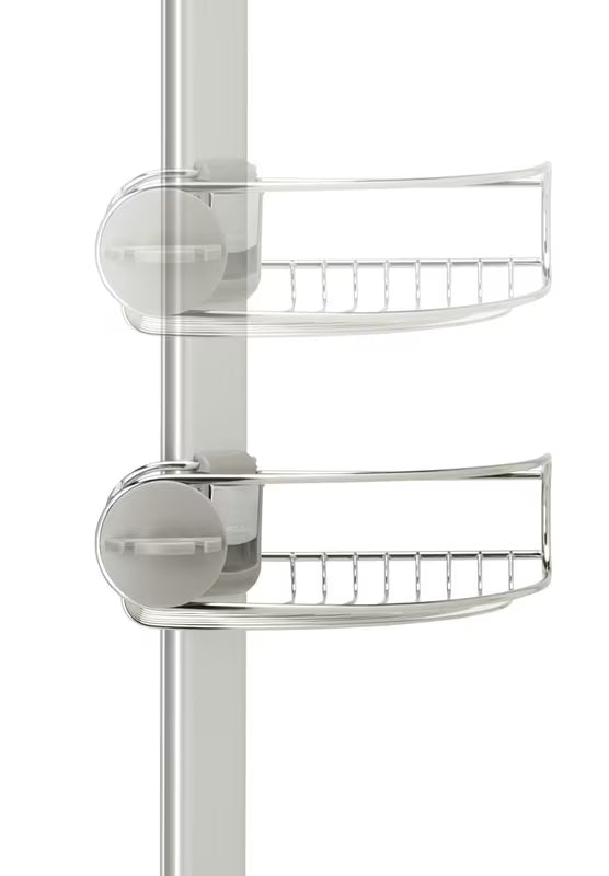 Podesiva tuš šipka Simplehuman Shower caddy sa žičanim policama za kutnu ugradnju od nehrđajućeg čelika.