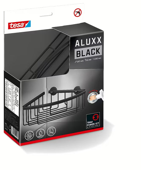 Kutna tuš polica Tesa u mat crnoj boji s montažom bez bušenja Tesa Power.Kit