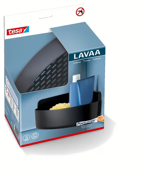 Kutna polica za tuš polica Tesa u mat crnoj boji s montažom bez bušenja pomoću Powerstrips Waterproof.