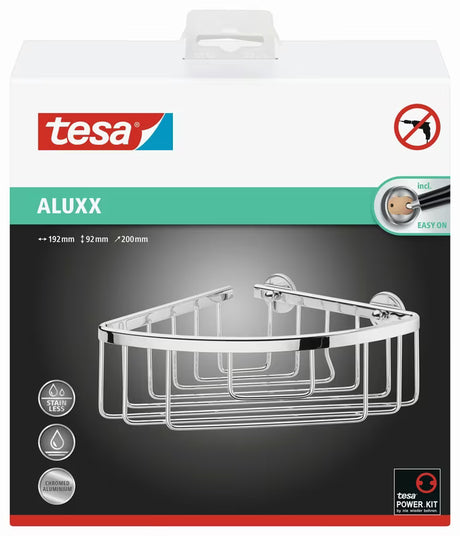 Kutni žičani tuš košarica Tesa Aluxx u sjajnom kromu sa samoljepljivom montažom bez bušenja.