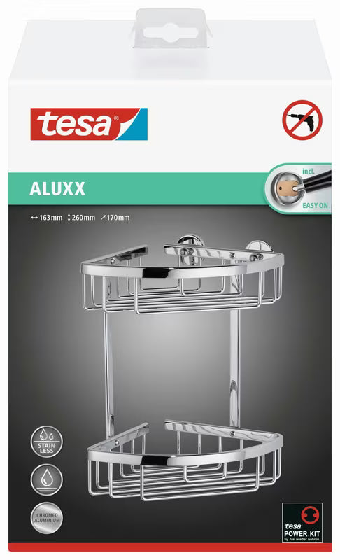 Kromirani kutni žičani košarica Tesa Aluxx do tuševi s montažom bez bušenja tesa Power.Kit.