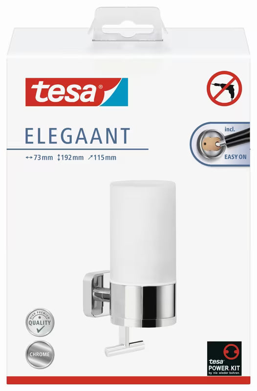 Kromirani zidni dozator sapuna Tesa Elegaant s posudom od mat stakla i upravljanjem jednom rukom.