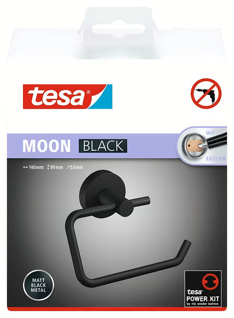 Mat crni držač toaletnog papira bez poklopca Tesa Moon Black s montažom tesa Power.Kit bez bušenja