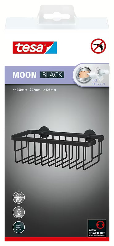 Tuš košarica Tesa Moon Black u mat crnoj boji s montažom bez bušenja pomoću ljepljive tehnologije tesa Power.Kit.