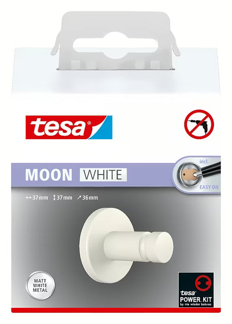 Mat bijeli kukica za ručnike Tesa Moon Black s montažom lijepljenjem bez bušenja
