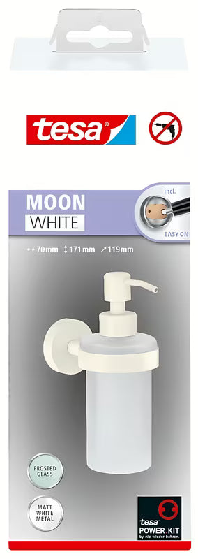Bijeli dozator sapuna Tesa Moon Black od satiniranog stakla s držačem pro montaža bez bušenja