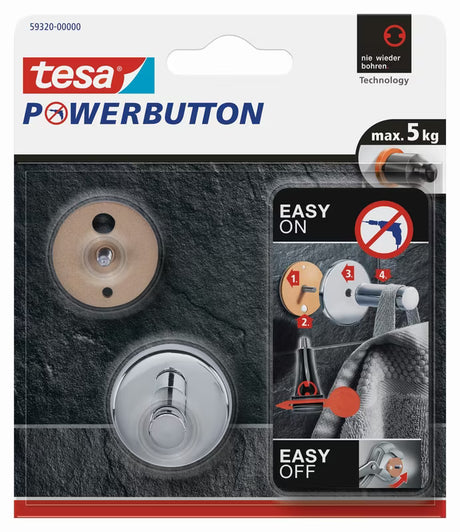 Kromirani kukica Tesa powerbutton pro montaža bez bušenja na pločice i druge glatke površine.
