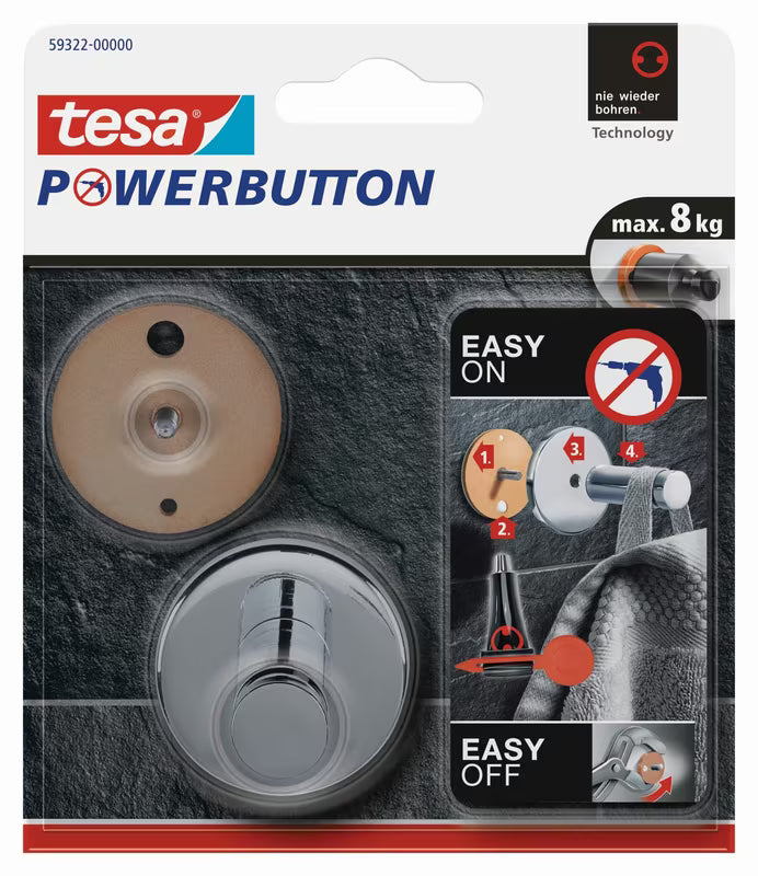 Kromirani kukica Tesa powerbutton pro montaža bez bušenja na glatke površine u kupaonici i kuhinji.