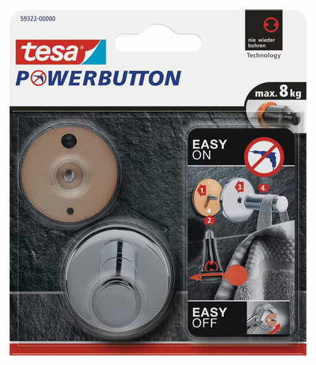 Kromirani kukica Tesa powerbutton pro montaža bez bušenja na glatke površine u kupaonici i kuhinji.