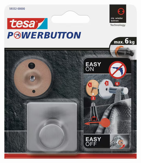 Kukica Tesa powerbutton Classic od brušenog nehrđajućeg čelika pro montaža bez bušenja.
