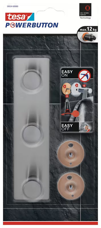 Trostruka Kukica tesa powerbutton od brušenog nehrđajućeg čelika pro montaža na zid bez bušenja