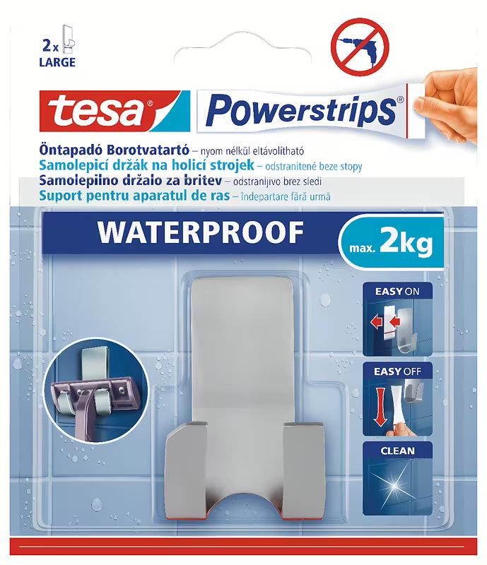 Tesa Powerstrips vodootporni nehrđajući dvostruka kuka pro za vješanje brijača bez bušenja.