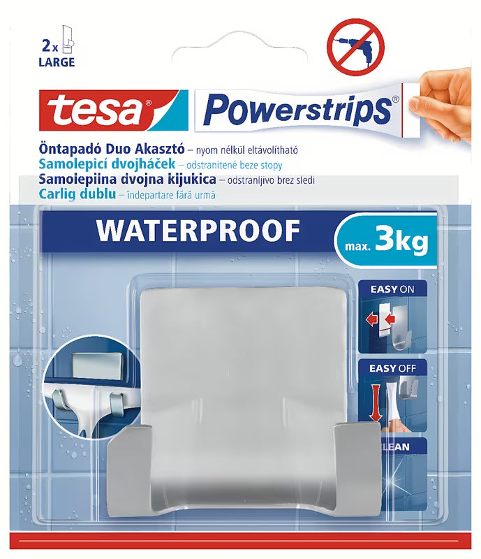 Vodootporni inox dvostruka kuka tesa Powerstrips Waterproof pro za vješanje dodataka u tušu
