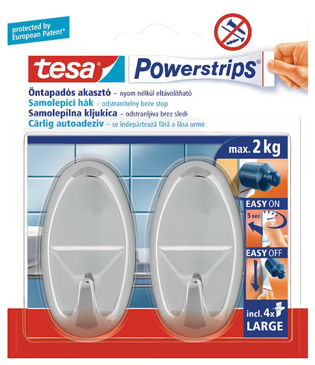Velike samoljepljive kukice Tesa Powerstrips u krom izgledu pro montaža bez bušenja