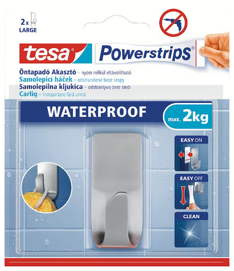 Vodootporni inox kukica Tesa Powerstrips pro za vješanje ručnika i dodataka bez bušenja.