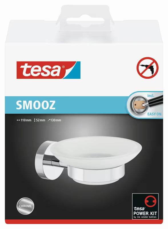 Kromirani držač sapuna Tesa Smooz sa satenskom staklenom posudicom pro, montaža bez bušenja