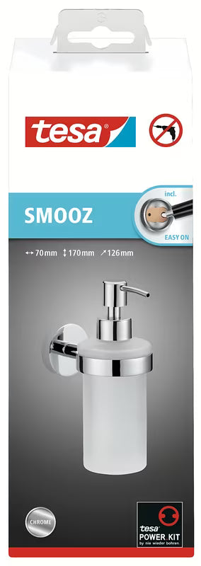 Kromirani dozator sapuna Tesa Smooz sa satiniranim staklom i Power.Kit montažom bez bušenja.