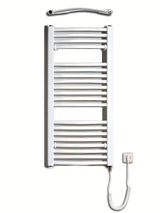 Bijeli električni cijevni radijator Thermal Trend KDOE 450x960 mm s grijaćim štapom i kabelom za utičnicu.