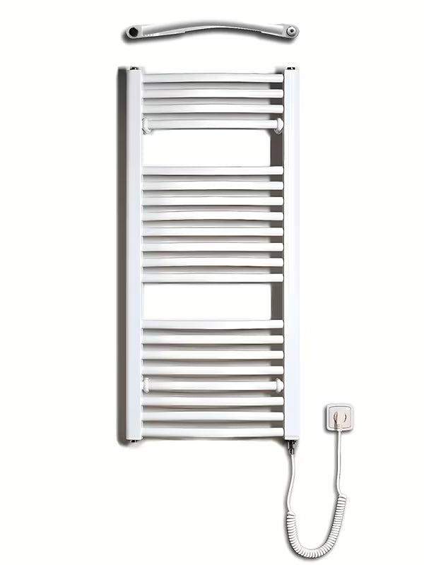 Bijeli električni cijevni radijator Thermal Trend KDOE 450x960 mm s grijaćim štapom i kabelom za utičnicu.