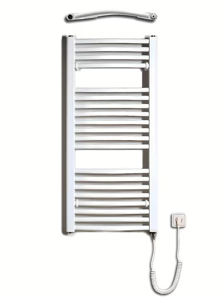 Bijeli električni cijevni radijator Thermal Trend KDOE 450x960 mm s grijaćim štapom i kabelom za utičnicu.