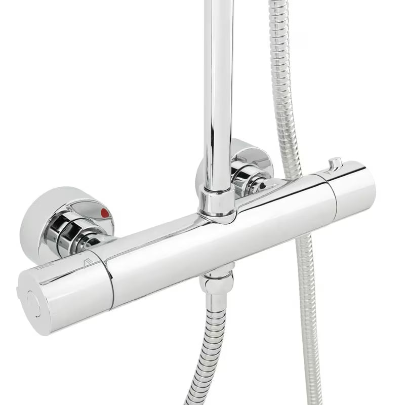 Tuš sustav Tres Base Plus s termostatskom miješalicom u izvedbi chrome s nadglavnim i ručnim tušem.