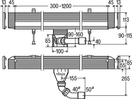 Crni tuš kanalica Viega Advantix Vario s uskim odvodnim prorezom i podesivom duljinom 30–120 cm.