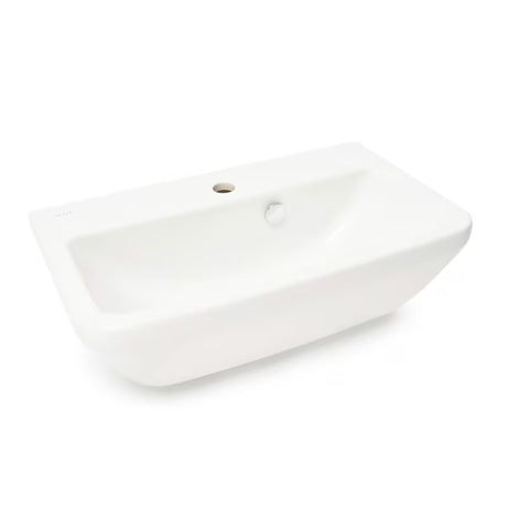 Bijeli viseći umivaonik Vitra Integra 60x36 cm od keramike s otvorom pro za slavinu u sredini i preljevom.